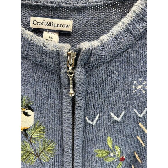 Blue Knit Holiday Cardigan PL Embroidered Winter Birds Cardinals Pinecones Zip - Picture 9 of 13